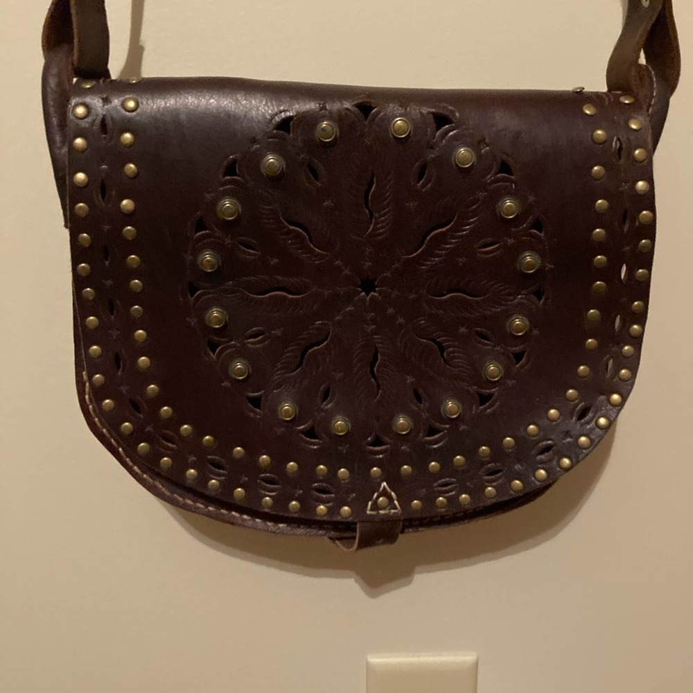 Hand Crafted Dark Brown Leather Crossbody Bag with Stud Details